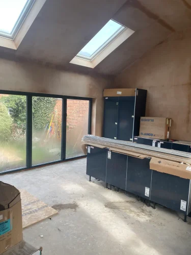 Vaulted kitchen extension with rooflights during fit-out in Eynesbury