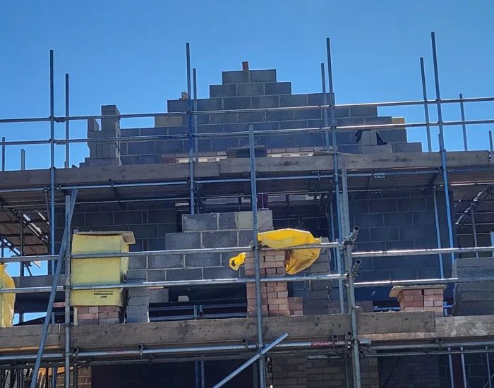Two-storey rear extension under construction at Almoners Avenue, Cambridge
