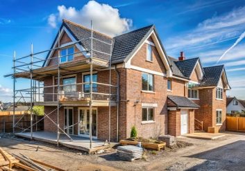 Newly built red brick house with scaffolding still up across the front elevation
